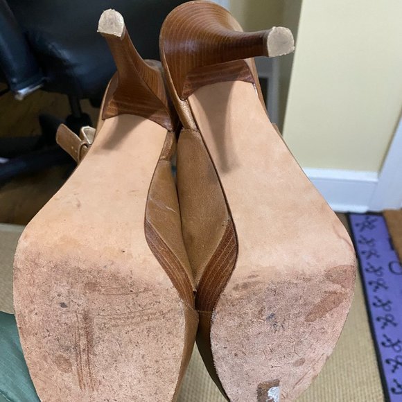 Stuart Weitzman Pumps Heels Size 10 Camel Leather Slingback Peep Toe Platform - Picture 8 of 10
